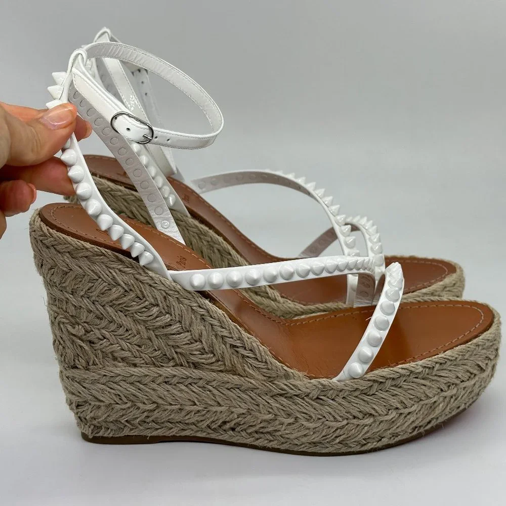 Christian Louboutin White Studded Espadrille Wedge Sandals